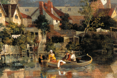 A painting of people in a rowboat on a river. There are houses and trees in the background.