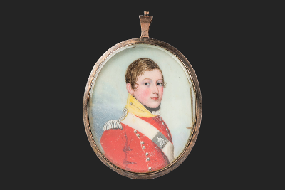 A painted portrait of a Royal Norfolk Regiment soldier in uniform